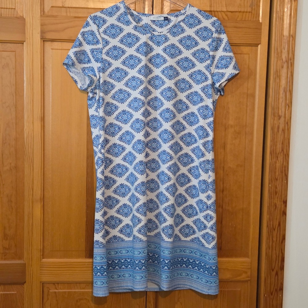 Cabana Life Dress Women's Large Blue Geometric Print Short Sleeve UPF 50